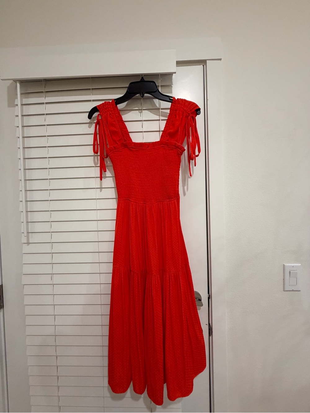 Red Smocked Tie-Shoulder Midi Dress